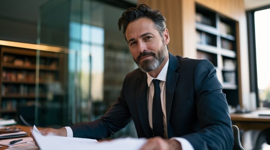 Photorealistic image of a professional attorney — mid-40s, business attire — reviewing documents at a modern law office desk in California. Clean glass-and-wood interior, bookshelves visible in the background, warm afternoon light coming through large windows. Confident, approachable expression. Shot from across the desk angle. 35mm lens, slight shallow depth of field. Professional legal photography editorial style.