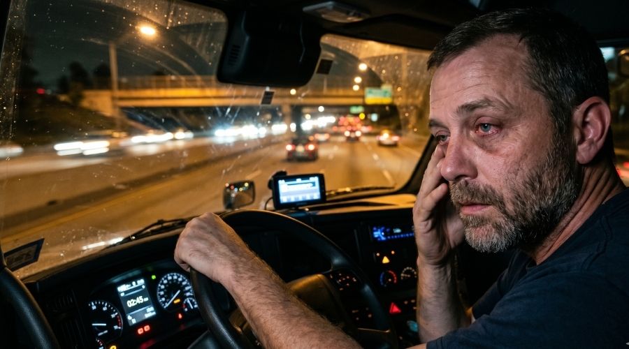 Causas comunes de accidentes de camiones en las autopistas ribereñas 1 Camionero fatigado dentro de la cabina por la noche, ojos cansados, luces de la autopista visibles a través del parabrisas, entorno de transporte realista, alto nivel de detalle, tema de seguridad y negligencia