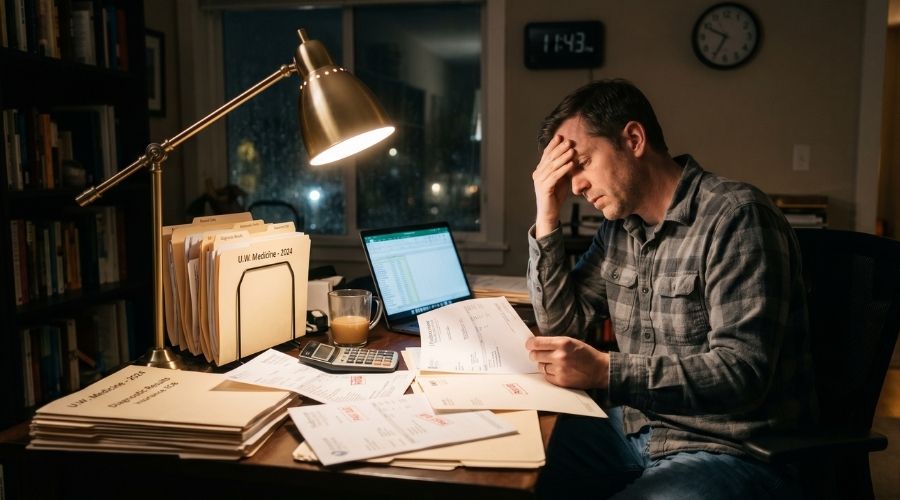 How Long Does a Personal Injury Case Take in California? 2 individual sitting at desk late at night surrounded by medical records and bills, subtle stress, warm desk lamp lighting, realistic candid scene