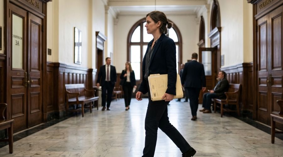 How Long Does a Personal Injury Case Take in California? 3 person walking through courthouse hallway holding legal folder, realistic architecture, natural indoor lighting, candid photography style
