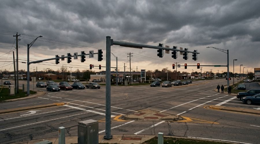 A wide suburban intersection with complex turning lanes and traffic signals, overcast dramatic sky, documentary photography style, muted tones, no text
