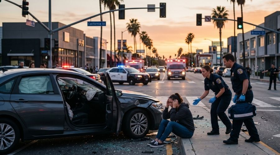 Lesiones cerebrales tras accidentes de tráfico: síntomas que nunca debes ignorar 1 Escena cinematográfica ultrarrealista de un accidente automovilístico en el sur de California al atardecer en una concurrida intersección urbana, vehículos dañados con airbags desplegados, un conductor visiblemente desorientado sentado junto al auto sujetándose la cabeza mientras se acercan los paramédicos, énfasis sutil en la confusión y las lesiones invisibles en lugar de la sangre, iluminación dramática, atmósfera realista de respuesta de emergencia, calles modernas de California, estilo de fotografía documental, poca profundidad de campo, expresiones humanas naturales y muy detalladas, reflejos realistas, 8k