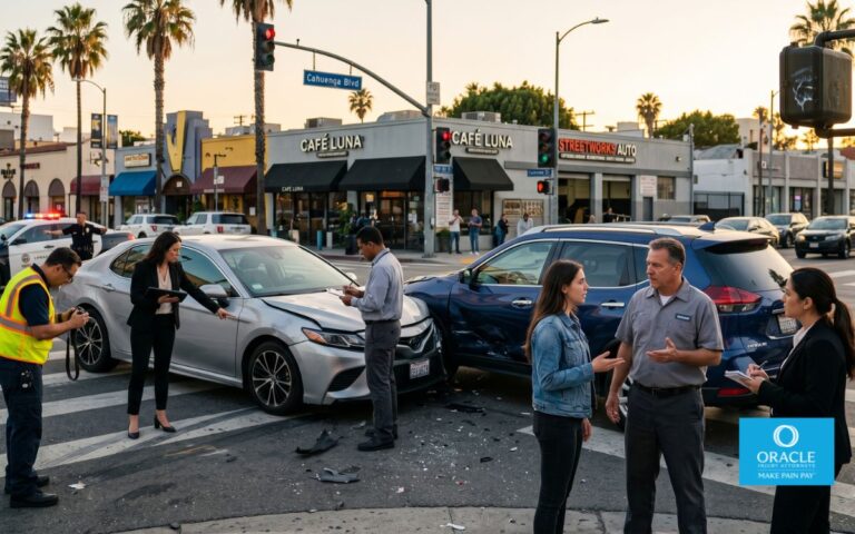 Ultra-realistic cinematic scene of a California car accident investigation at an intersection, two damaged vehicles, insurance representatives and attorneys reviewing evidence while drivers discuss what happened, visual emphasis on shared responsibility rather than a single at-fault party, realistic urban Southern California setting, dramatic natural lighting, documentary photography style, highly detailed, 8k realism