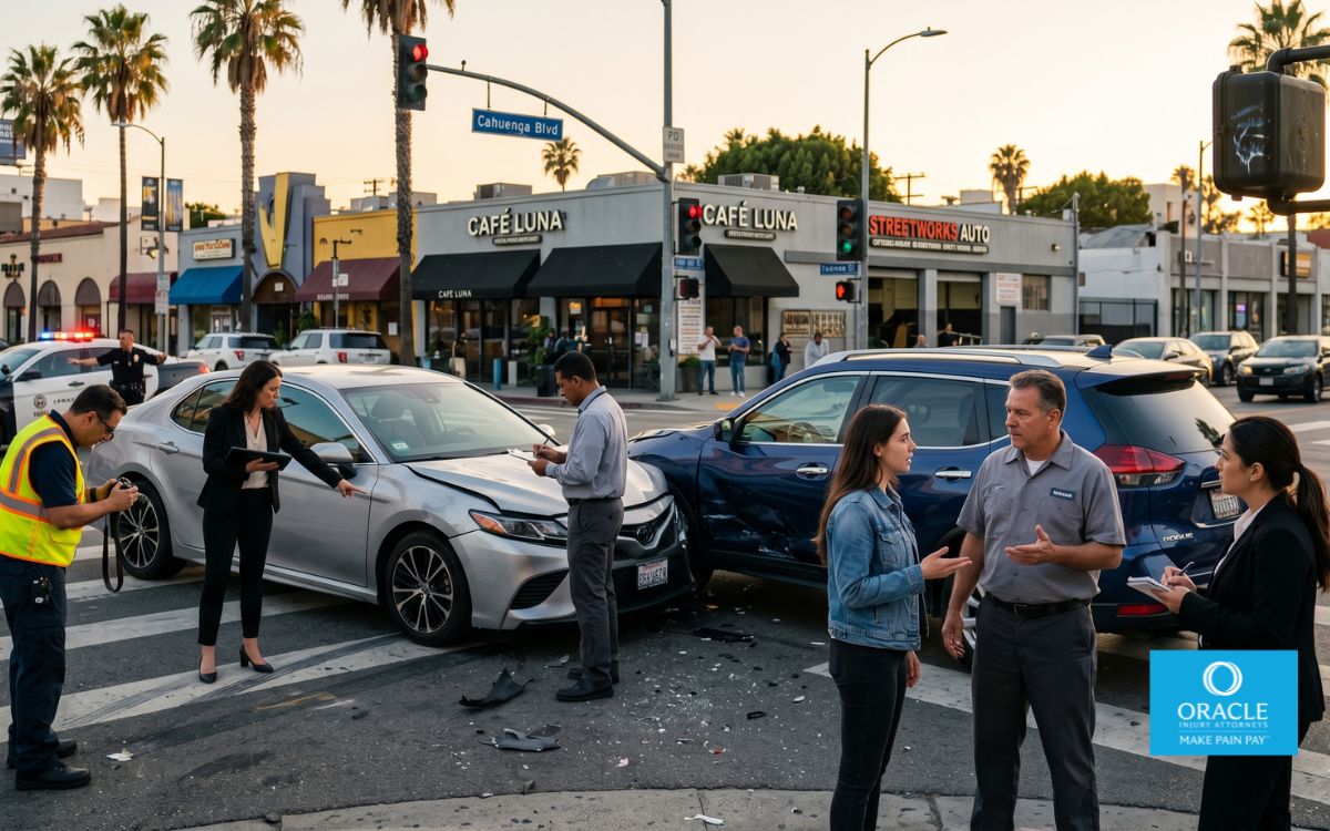 Escena cinematográfica ultrarrealista de la investigación de un accidente automovilístico en una intersección de California: dos vehículos dañados, representantes de seguros y abogados revisando las pruebas mientras los conductores discuten lo sucedido. Se hace hincapié en la responsabilidad compartida en lugar de en un único culpable. El entorno urbano del sur de California es realista, con una iluminación natural espectacular. El estilo de la fotografía documental es muy detallado y ofrece un realismo excepcional en 8K.