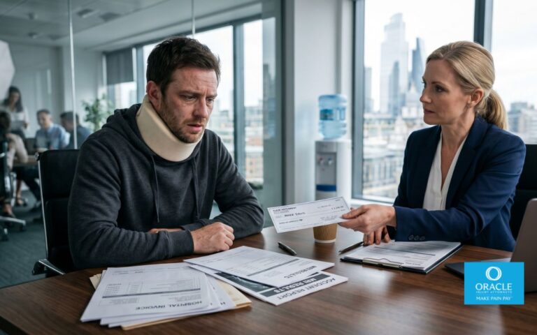 Ultra-realistic insurance adjuster meeting with injured car accident victim inside a modern corporate office, adjuster sliding a very low settlement check across the table, visible medical bills and injury paperwork, authentic facial expressions, cinematic natural lighting, highly detailed skin textures, realistic business environment, professional photography
