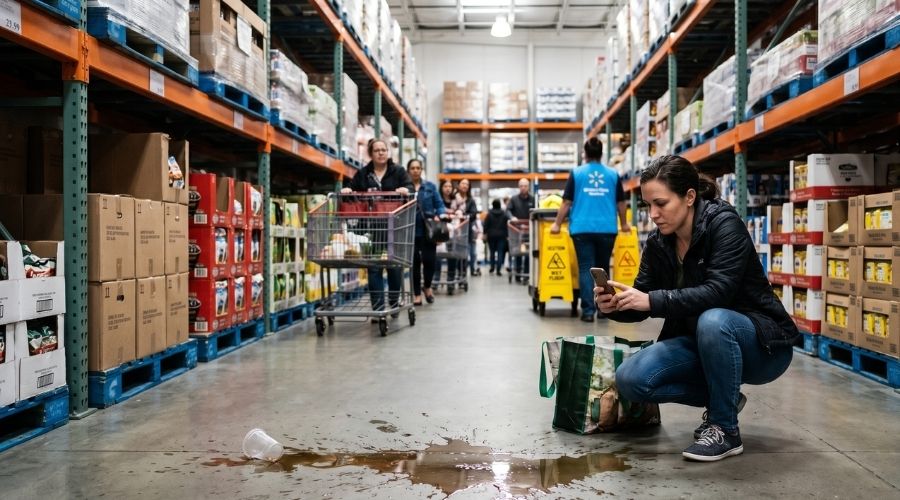 Imagen realista de un cliente tomando fotos de un derrame dentro de una tienda-almacén tras un accidente por resbalón y caída, iluminación natural, ambiente auténtico.