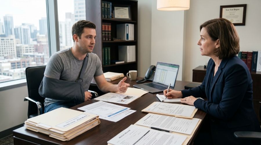 Abogado especializado en lesiones personales consultando con un cliente lesionado en una oficina moderna, documentos del accidente y documentación médica sobre el escritorio, ambiente realista.