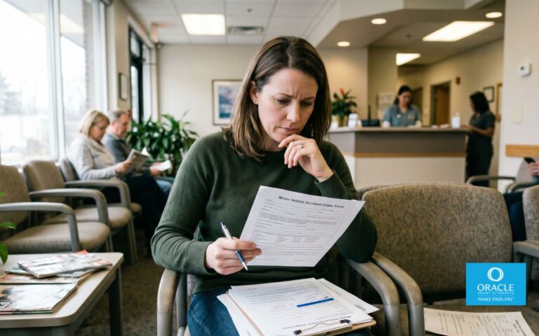 person sitting in medical office waiting room reviewing accident paperwork, calm but concerned expression, natural daylight, realistic healthcare setting, documentary photography style