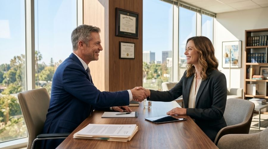 
A welcoming attorney shaking hands with a client across a desk in a modern law office, both figures relaxed and confident, California sunlight coming through large windows. Photorealistic, professional and approachable.