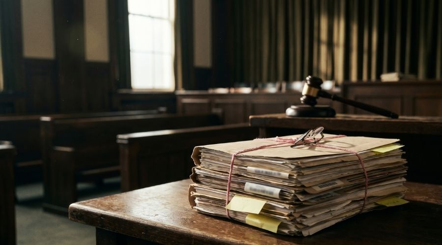 A courtroom scene focused on a stack of medical records on a table, gavel in the background, dramatic side lighting, cinematic style, no text