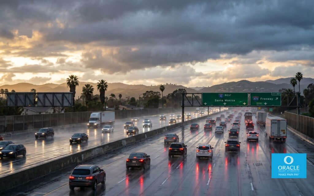 Autopista californiana fotorrealista durante una tormenta repentina, varios vehículos frenando en una carretera mojada, reflejos en el asfalto, dramáticas nubes de tormenta mezcladas con el paisaje del sur de California, condiciones de tráfico realistas, iluminación cinematográfica, ultra detallada, fotografía documental.
