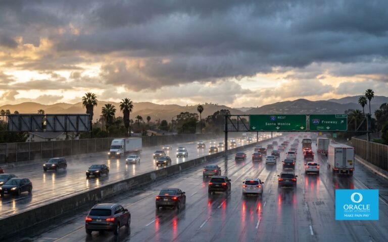 Photorealistic California freeway during a sudden rainstorm, multiple vehicles braking on a wet highway, reflections on asphalt, dramatic storm clouds mixed with Southern California landscape, realistic traffic conditions, cinematic lighting, ultra-detailed, documentary photography