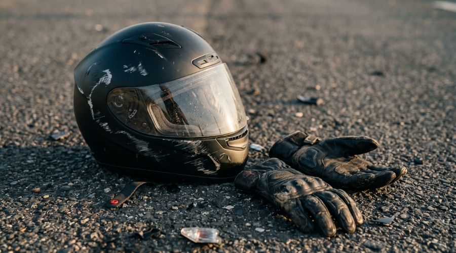 Primer plano de un casco de motocicleta dañado y guantes de motociclista sobre el asfalto tras un accidente, composición que transmite emoción, arañazos y escombros realistas, iluminación cinematográfica, fotografía ultrarrealista.