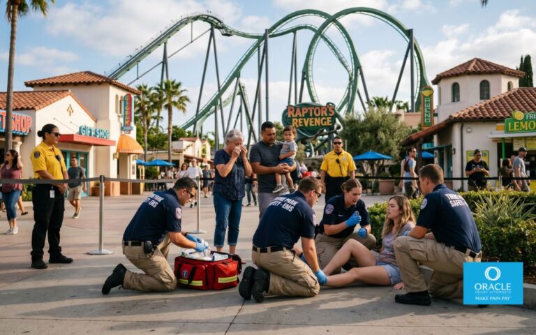 Photorealistic Southern California theme park, emergency responders assisting an injured guest near a large amusement ride, concerned family members nearby, realistic theme park atmosphere, cinematic lighting, highly detailed,