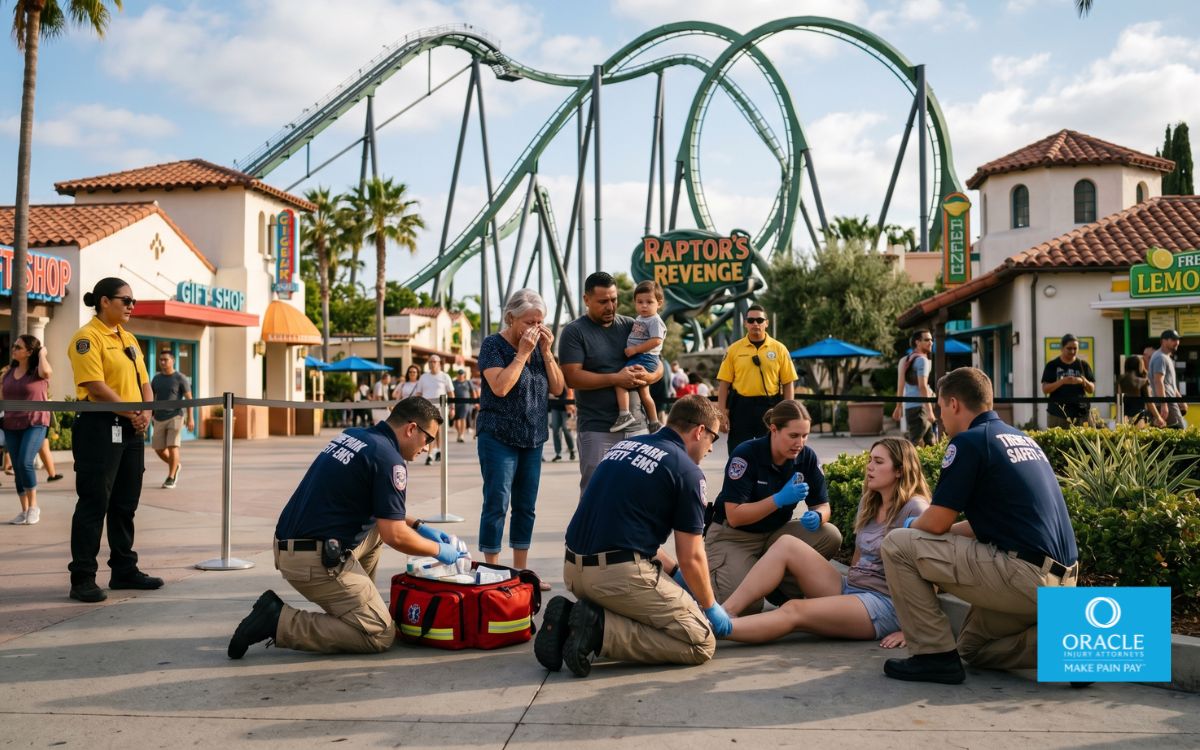 Parque temático fotorrealista del sur de California, personal de emergencias asistiendo a un visitante herido cerca de una gran atracción, familiares preocupados cerca, ambiente realista de parque temático, iluminación cinematográfica, muy detallado,