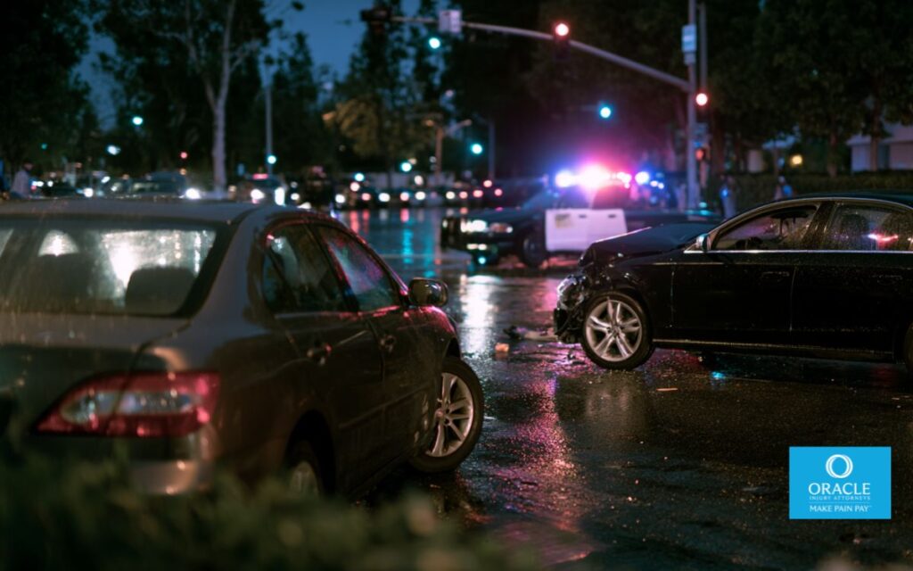 Accidente automovilístico realista con varios vehículos involucrados en una concurrida intersección de Garden Grove, California. Sedanes dañados sobre pavimento mojado, luces de policía al fondo, tráfico nocturno, iluminación cinematográfica, fotografía ultrarrealista, estilo documental, 16:9.