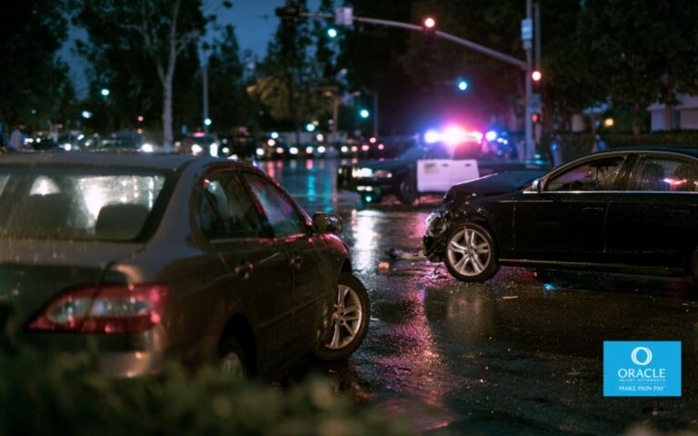 Realistic multi-vehicle car accident at a busy Garden Grove California intersection, damaged sedans on wet pavement, police lights in background, evening traffic, cinematic lighting, ultra realistic photography, documentary style, 16:9