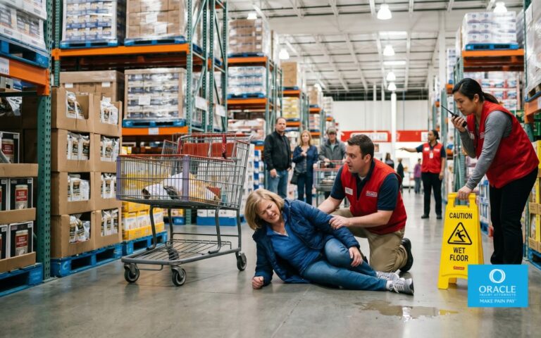 Photorealistic scene inside a large warehouse retail store resembling Costco, injured customer on the floor after a slip and fall accident, concerned employees nearby, realistic lighting, documentary photography style