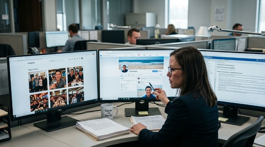 ¿Pueden las redes sociales afectar su reclamación por lesiones personales? 2 Representación hiperrealista de un investigador de seguros revisando los perfiles de redes sociales de un reclamante por lesiones personales en múltiples monitores de computadora, con fotos visibles, publicaciones etiquetadas y análisis de la actividad en tiempo real. Ambiente de oficina profesional, atmósfera de investigación legal, iluminación cinematográfica, reflejos realistas, estética de tecnología moderna, sin estilo hacker exagerado, realismo editorial de gran detalle.