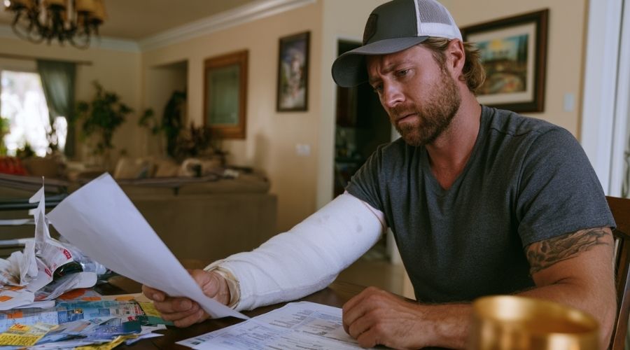 Obrero de la construcción con el brazo en cabestrillo revisando facturas vencidas y documentos financieros en casa, visible preocupación por la pérdida de salario, entorno familiar realista de California, fotografía de estilo documental, ultrarrealista,