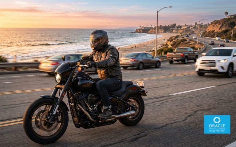 A motorcyclist riding along Pacific Coast Highway in Orange County during golden hour, realistic California coastal scenery, traffic moving nearby, cinematic lighting, ultra realistic photography, detailed motorcycle gear, natural motion blur, documentary style --ar 16:9