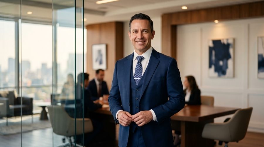 A professional injury attorney standing confidently in a modern law office, warm approachable lighting, editorial portrait style, navy and white tones, no text