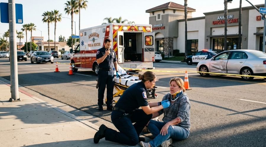 Qué hacer después de un accidente con fuga en Anaheim 1 Una víctima de accidente automovilístico recibe atención médica junto a una ambulancia tras un atropello con fuga en Anaheim. Paramédicos asisten al conductor herido. Escena realista de respuesta a emergencias. Calle moderna de California. Iluminación dramática. Fotografía documental con gran nivel de detalle.