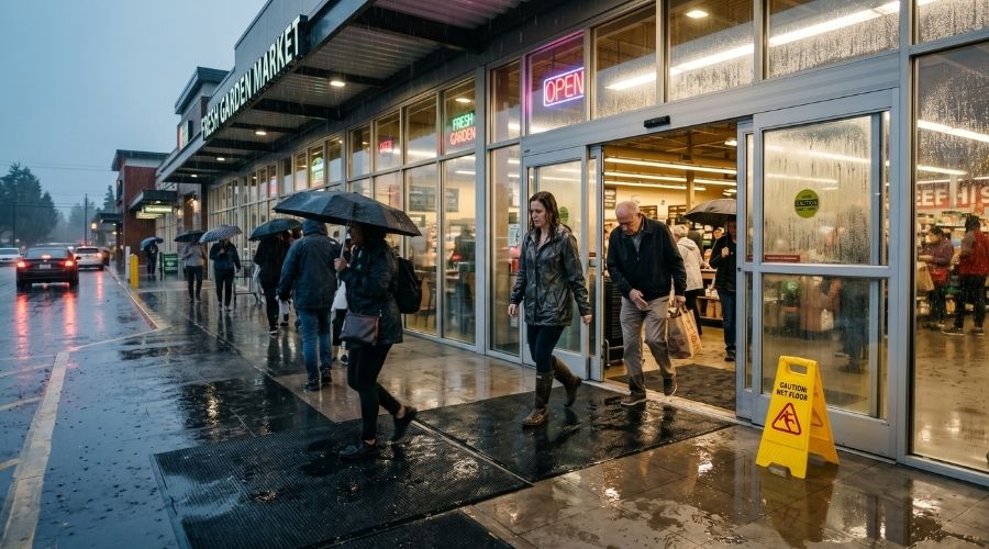 Causas comunes de accidentes por resbalones y caídas en supermercados 2 Entrada cinematográfica realista de un supermercado bajo la lluvia, clientes entrando con los zapatos mojados, acumulación de agua cerca de las alfombras, riesgos de resbalones visibles, fachada moderna, reflejos e iluminación realistas, fotografía de estilo documental, muy detallada, imagen profesional de concienciación sobre seguridad, 8k
