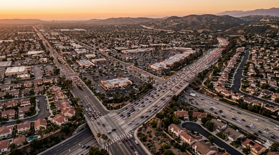 Aerial drone view of a sprawling Southern California suburban city with heavy traffic on main roads, golden hour, photojournalism style, no text