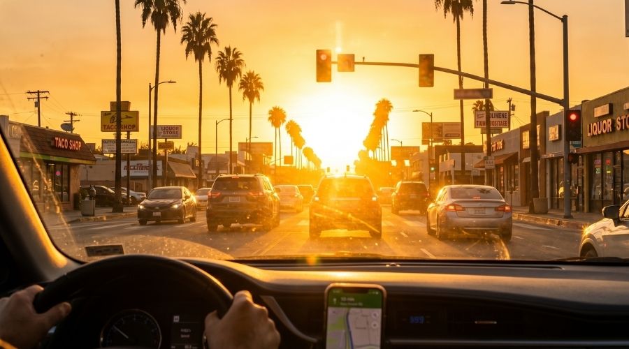 Cómo las condiciones climáticas contribuyen a los accidentes automovilísticos en California 2 Conductor frente al intenso resplandor del atardecer en un bulevar del sur de California, la luz dorada del sol oscurece los semáforos y los vehículos que tiene delante, escena realista de conducción urbana, realismo cinematográfico, fotografía ultra detallada