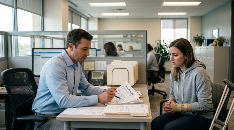 Cómo las compañías de seguros minimizan las indemnizaciones por lesiones (y qué puede hacer usted al respecto) 2 Empleado de una compañía de seguros ultrarrealista deniega la documentación de una reclamación por lesiones en una moderna oficina corporativa mientras el reclamante lesionado espera ansiosamente cerca; realismo emocional, entorno empresarial auténtico, iluminación cinematográfica, realismo con gran nivel de detalle.