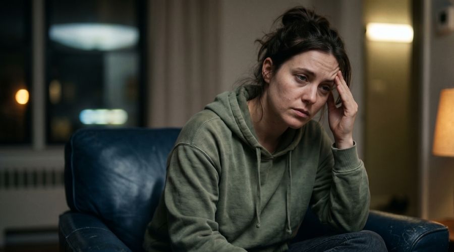 Lesiones cerebrales tras accidentes de tráfico: síntomas que nunca debes ignorar 2 Retrato hiperrealista en primer plano de una víctima de accidente automovilístico sentada en una habitación con poca luz días después del choque, aparentemente ilesa físicamente pero emocionalmente angustiada, con una sutil expresión de dolor de cabeza y confusión mental, una mano en la sien, luces borrosas en el fondo que simbolizan mareo y confusión, realismo cinematográfico, textura natural de la piel, fotografía narrativa emocional, iluminación tenue, alto nivel de detalle, estilo editorial de concienciación médica.