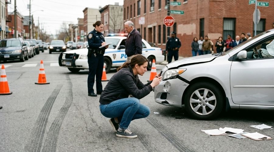 How Long Does a Personal Injury Case Take in California? 1 person at accident scene taking photos of vehicle damage and skid marks with smartphone, police officer in background, scattered paperwork and traffic cones visible, realistic daylight, candid documentary-style photography, authentic urban street environment, natural body language, high detail