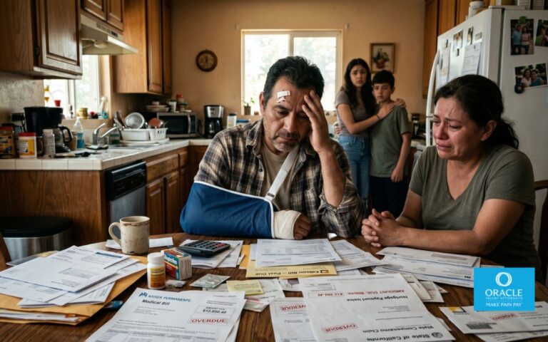 Photorealistic injured California worker sitting at a kitchen table surrounded by medical bills, insurance paperwork, and household expenses, worried family nearby, realistic home environment, emotional storytelling photography, cinematic lighting, ultra-detailed