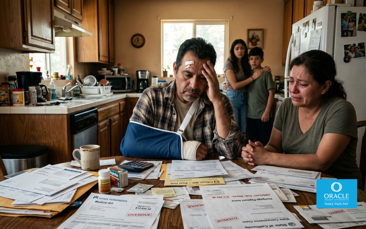 Photorealistic injured California worker sitting at a kitchen table surrounded by medical bills, insurance paperwork, and household expenses, worried family nearby, realistic home environment, emotional storytelling photography, cinematic lighting, ultra-detailed
