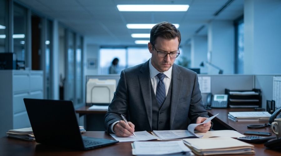 A sharp-dressed insurance adjuster reviewing documents at a desk, cold blue office lighting, serious expression, editorial photography style, no text