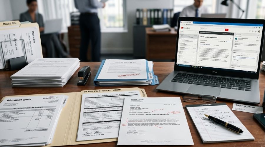 Escena de escritorio ultrarrealista con facturas médicas, documentación de reclamación por lesiones, documentos legales y un portátil abierto en un caso de lesiones personales, iluminación de oficina moderna, documentación muy detallada y texturas realistas, ambiente profesional.