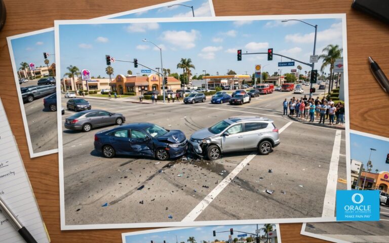 photographs over a desk of a wide-angle view of a busy Costa Mesa intersection on a clear California day, two cars visibly damaged after a collision, police lights in the background, bystanders observing from the sidewalk. Photorealistic, cinematic lighting, no gore or injury visible.