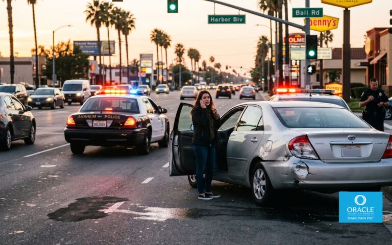 A realistic hit-and-run accident scene in Anaheim at sunset, damaged sedan pulled over near a busy California intersection, police lights reflecting on wet pavement, worried driver standing beside the vehicle, cinematic lighting, ultra realistic, detailed urban environment, emotional atmosphere, professional photography style