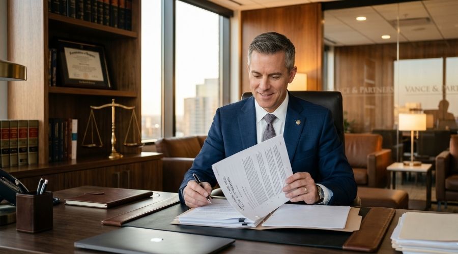 A confident attorney in a suit reviewing documents at a sleek office desk, scales of justice subtly visible in the background, warm professional lighting. Photorealistic, law firm setting.