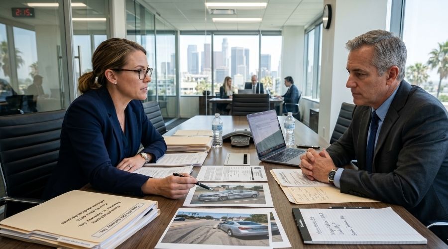 Cómo la negligencia comparativa afecta los casos de lesiones en California 3 Escena hiperrealista de un abogado de lesiones personales negociando con un representante de una compañía de seguros al otro lado de una mesa de conferencias, archivos del caso y evidencia del accidente visibles, ambiente profesional y seguro, oficina de abogados moderna de California, expresiones humanas realistas, fotografía legal de estilo documental, muy detallada,