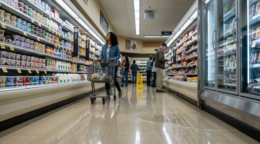 Causas comunes de accidentes por resbalones y caídas en supermercados 1 Pasillo de supermercado hiperrealista con un peligro de resbalón realista, agua que gotea de una unidad de refrigeración creando un charco casi invisible en el suelo de baldosas pulidas, compradores caminando cerca sin percatarse del peligro, reflejos muy detallados, entorno comercial realista, iluminación cinematográfica, estilo fotográfico de concienciación sobre seguridad, 8k