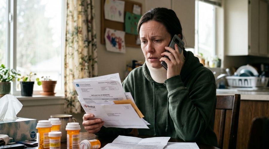 Cómo las compañías de seguros minimizan las indemnizaciones por lesiones (y qué puede hacer usted al respecto) 1 Víctima de accidente ultrarrealista recibiendo una llamada telefónica de una compañía de seguros en su casa, expresión preocupada mientras sostiene documentos médicos y frascos de recetas, iluminación interior natural, entorno doméstico auténtico, emociones realistas, fotografía de estilo documental, 16