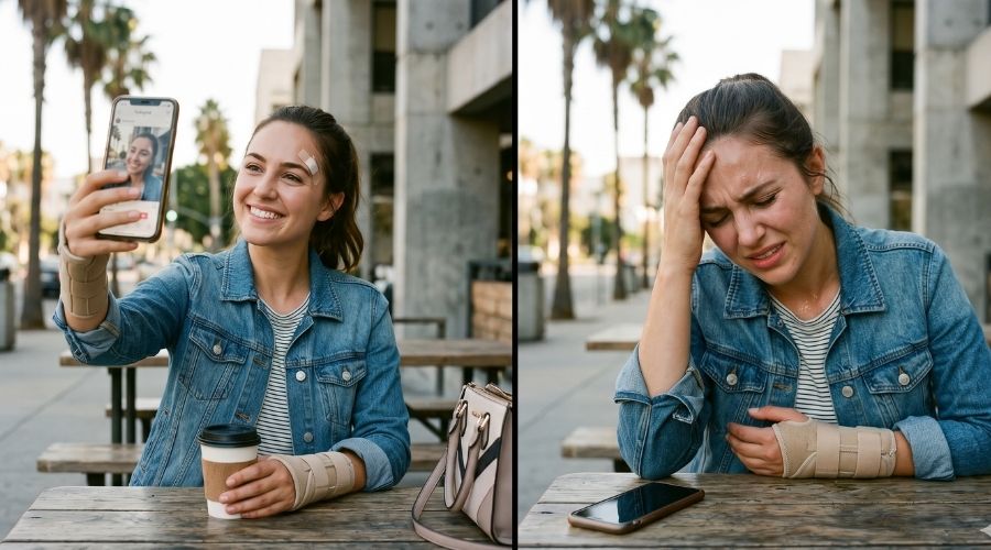¿Pueden las redes sociales afectar su reclamación por lesiones personales? 1 Escena cinematográfica realista de una víctima de accidente que publica una selfie sonriente en línea durante una breve salida, mientras que inmediatamente después se la ve visiblemente afectada por el dolor. Contraste emocional entre la imagen cuidadosamente proyectada en redes sociales y el sufrimiento físico oculto. Ambientación urbana en el sur de California. Expresiones faciales muy detalladas. Iluminación natural. Realismo de estilo documental. Composición narrativa sutil.