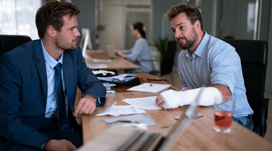 Trabajador lesionado consultando con un abogado experimentado en lesiones personales, revisando opciones legales y documentos de compensación, oficina legal profesional de California, ambiente tranquilizador y confiable, fotorrealista,
