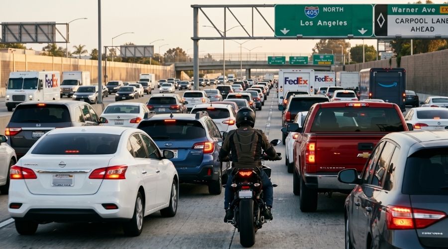 Tráfico intenso en la autopista I-405 en el condado de Orange con una motocicleta ubicada entre carriles, ambiente realista del sur de California, autos cambiando de carril agresivamente, escena de tráfico urbano tensa, fotorrealista, perspectiva dinámica, iluminación realista