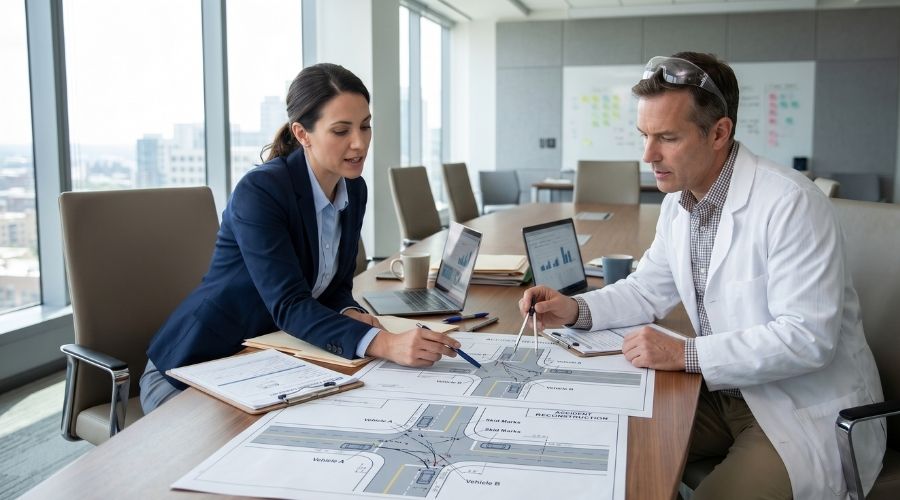Two professionals — one in business attire, one in a lab coat — reviewing accident diagrams and documents together at a conference table. Clean, modern office environment. Photorealistic.
