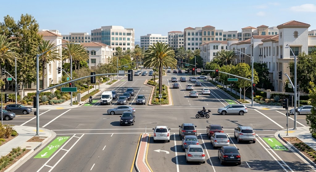 A busy multi-lane intersection in a master-planned Southern     California city, daylight, bike lane markings visible,     moderate traffic. No collision depicted.