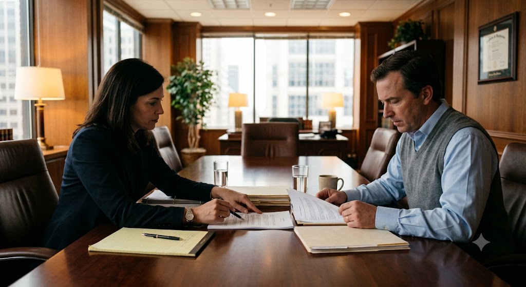 A calm attorney-client consultation: two people at a     conference table reviewing documents, warm office lighting.