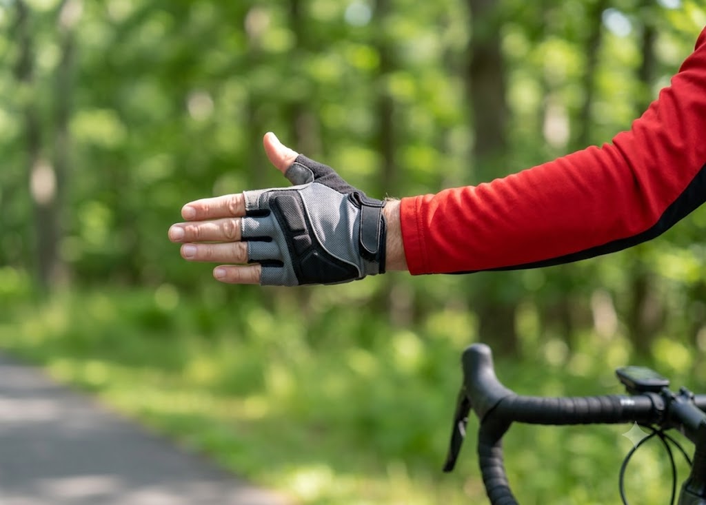 A close-up of a cyclist's hand making a turn signal gesture     while riding, daylight, clean background, no face shown.